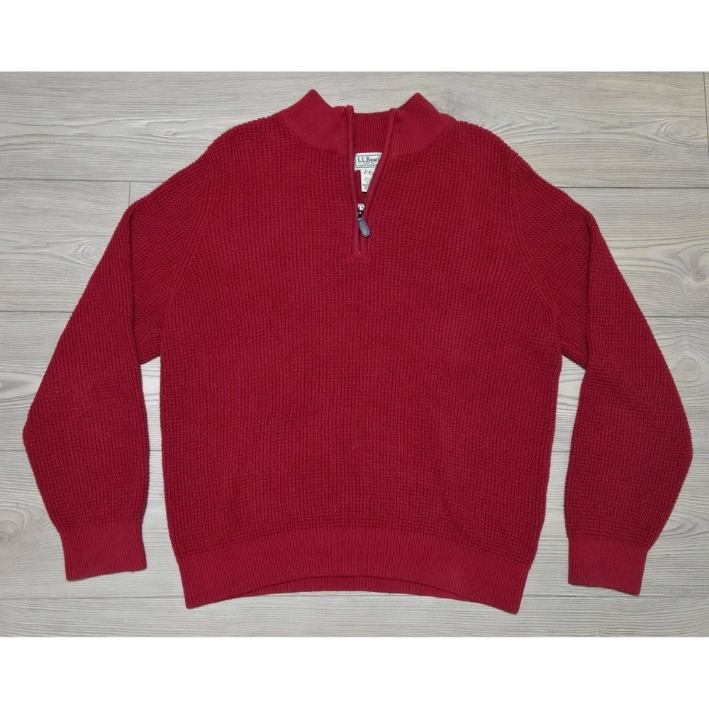 LL Bean 1/4 Zip Cable Knit Sweater Red Mens Large L.L. Bean Cashmere Blend